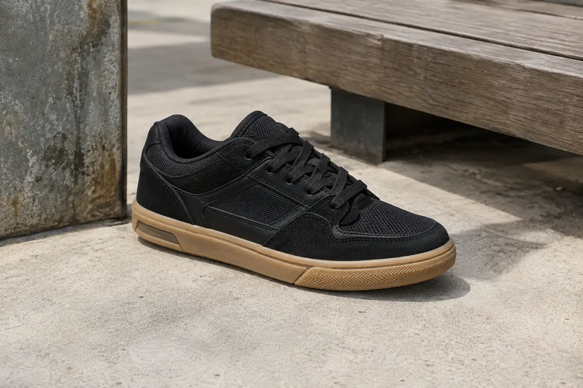 Chaussure de skate basse noire en cuir, nubuck et maille, avec semelle couleur gomme