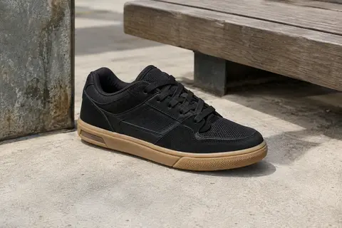Chaussure de skate basse noire en cuir, nubuck et maille, avec semelle couleur gomme