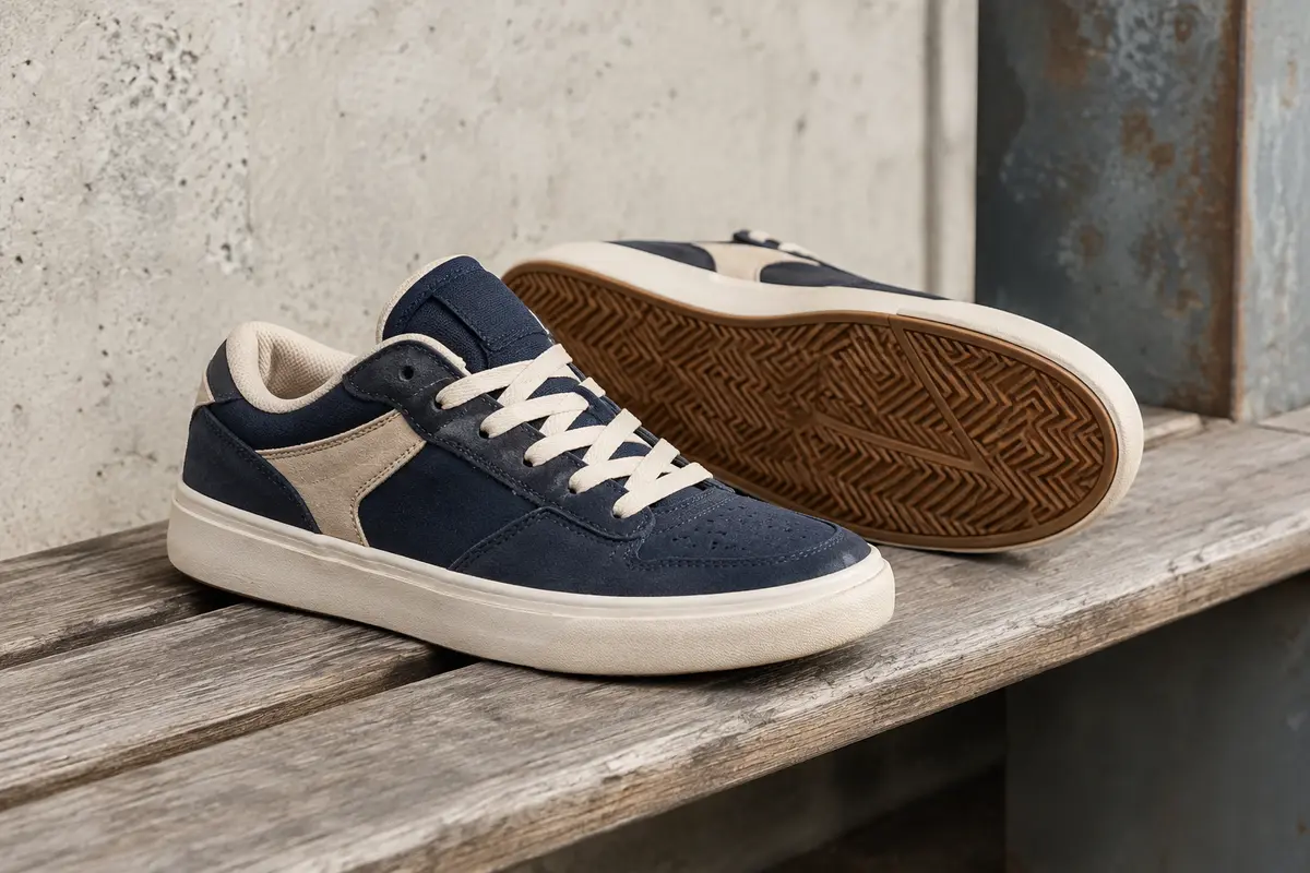 Baskets de skate basses bleu marine et beige, avec tige en nubuck synthétique et semelle vulcanisée visible.