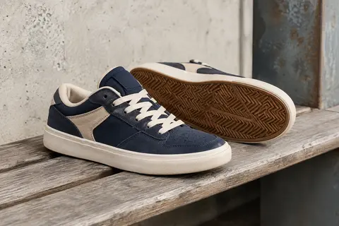 Baskets de skate basses bleu marine et beige, avec tige en nubuck synthétique et semelle vulcanisée visible.