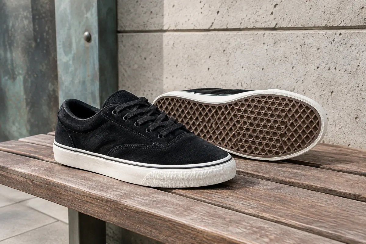 Baskets de skate basses en suède noir, posées sur un banc en bois dans un décor urbain.