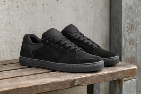 Baskets de skate Etnies Kingpin noires à profil bas, posées sur un banc en bois près d’un mur en béton.
