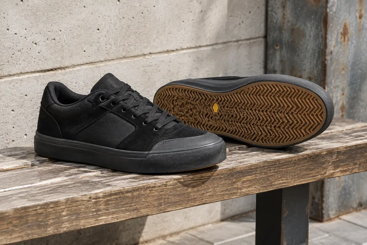 Baskets de skate Etnies Marana noires à profil bas, avec semelle cupsole Michelin et embout renforcé.