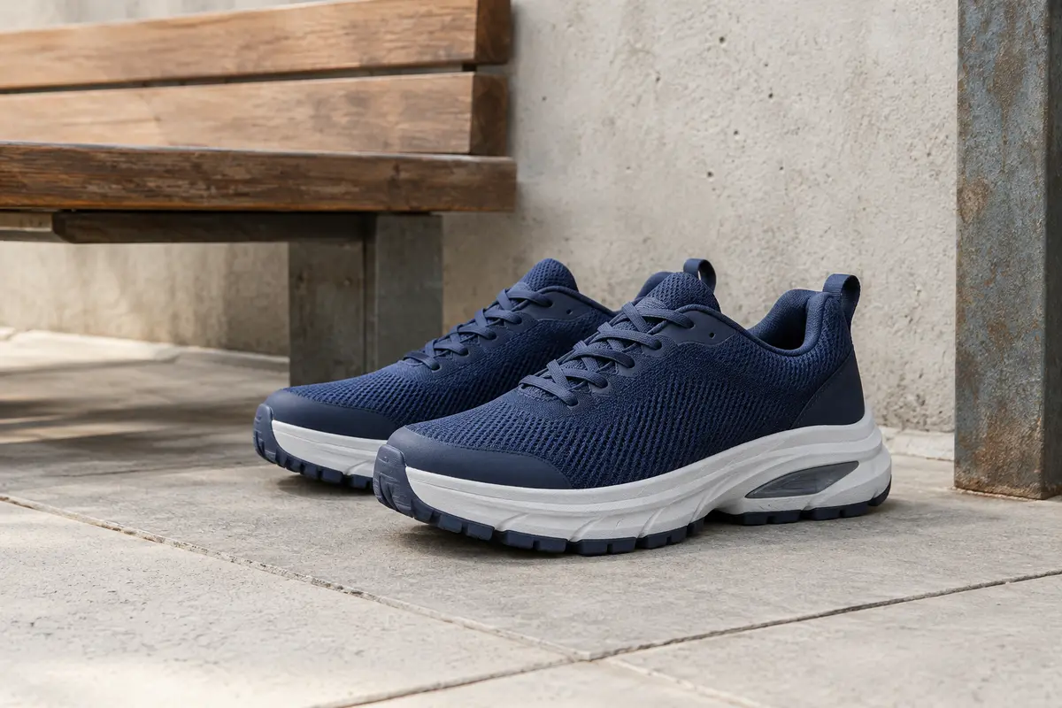 Baskets de marche FitVille bleu marine à enfiler, posées près d’un banc en bois en ville.