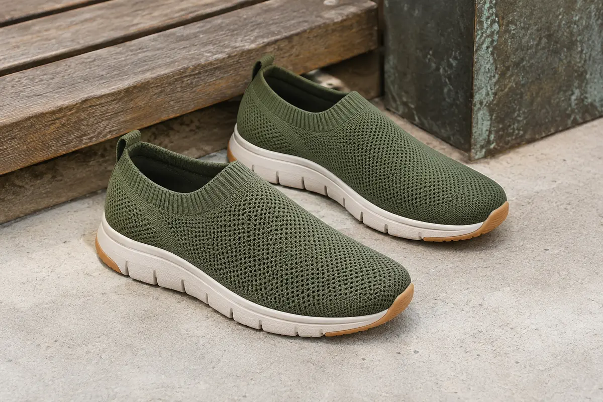 Paire de baskets slip-on Giniros vert uni posée sur un sol en béton clair, avec sa semelle rainurée visible.
