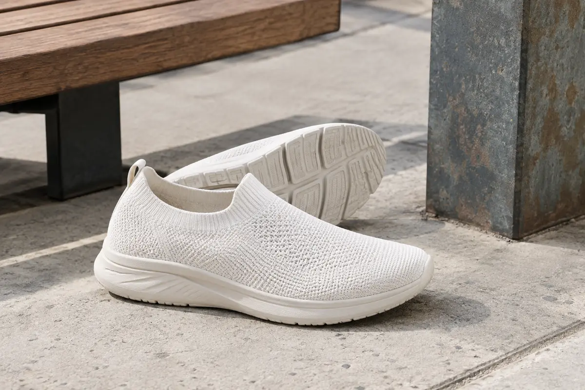 Baskets slip-on blanches en maille tricotée, posées sur du béton dans un décor urbain sobre.