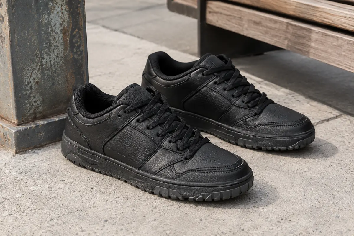 Chaussures de skate basses en cuir noir nuit avec lacets et semelle en caoutchouc profilée