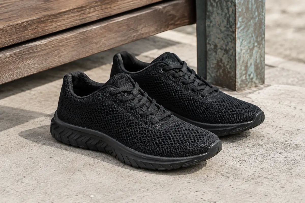 Sneakers noires à tige en maille aérée, lacets classiques et semelle flexible texturée