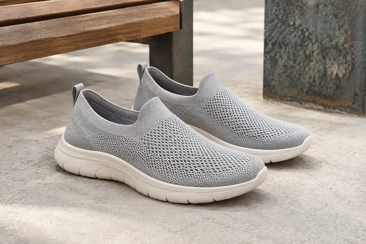Baskets slip-on gris clair en maille souple, avec semelle légère, posées sur un sol en béton clair.