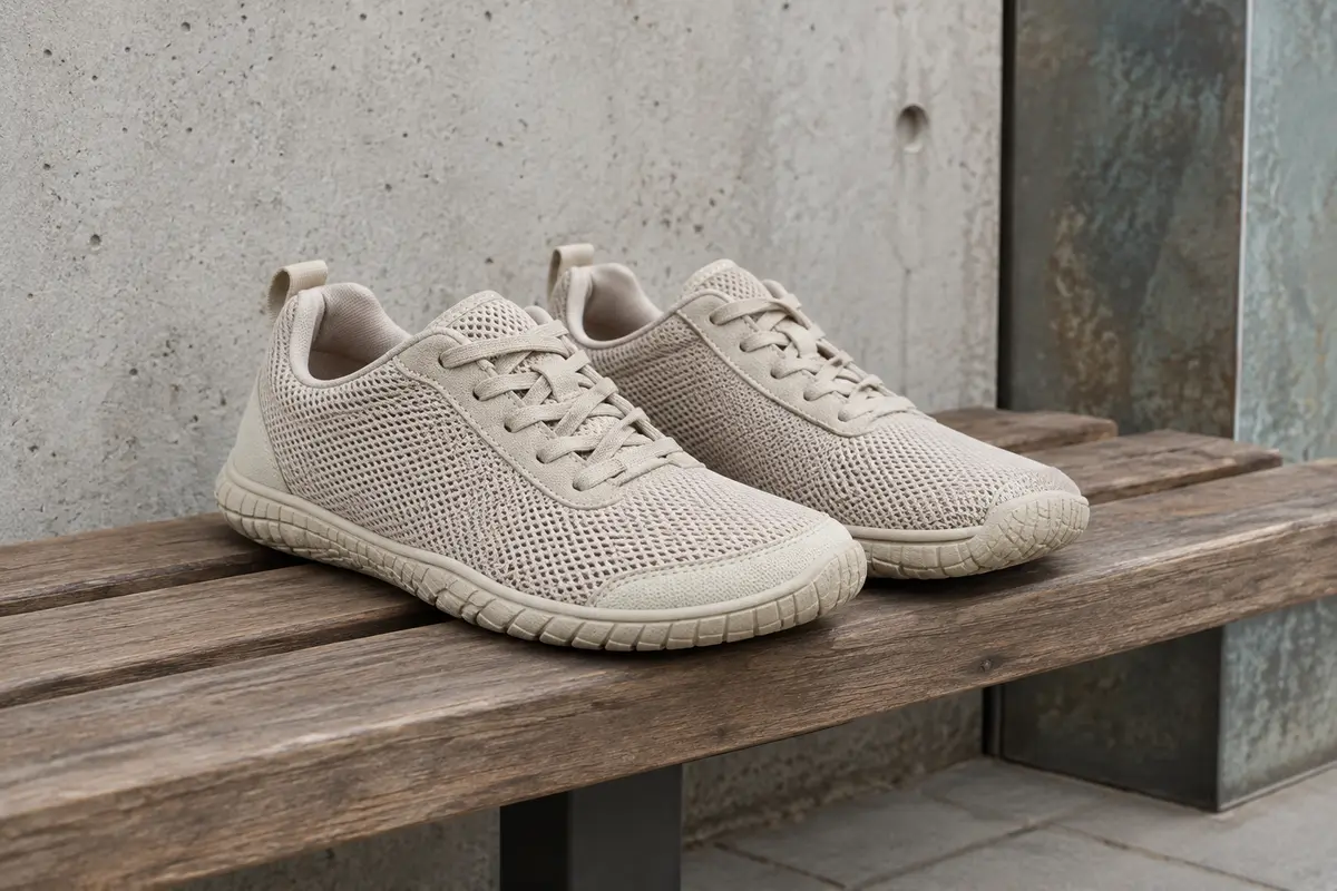 Sneakers barefoot beige à empeigne en mesh et semelle plate posées sur un banc en bois en décor urbain.