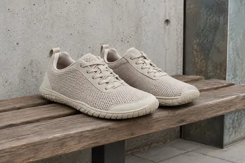 Sneakers barefoot beige à empeigne en mesh et semelle plate posées sur un banc en bois en décor urbain.