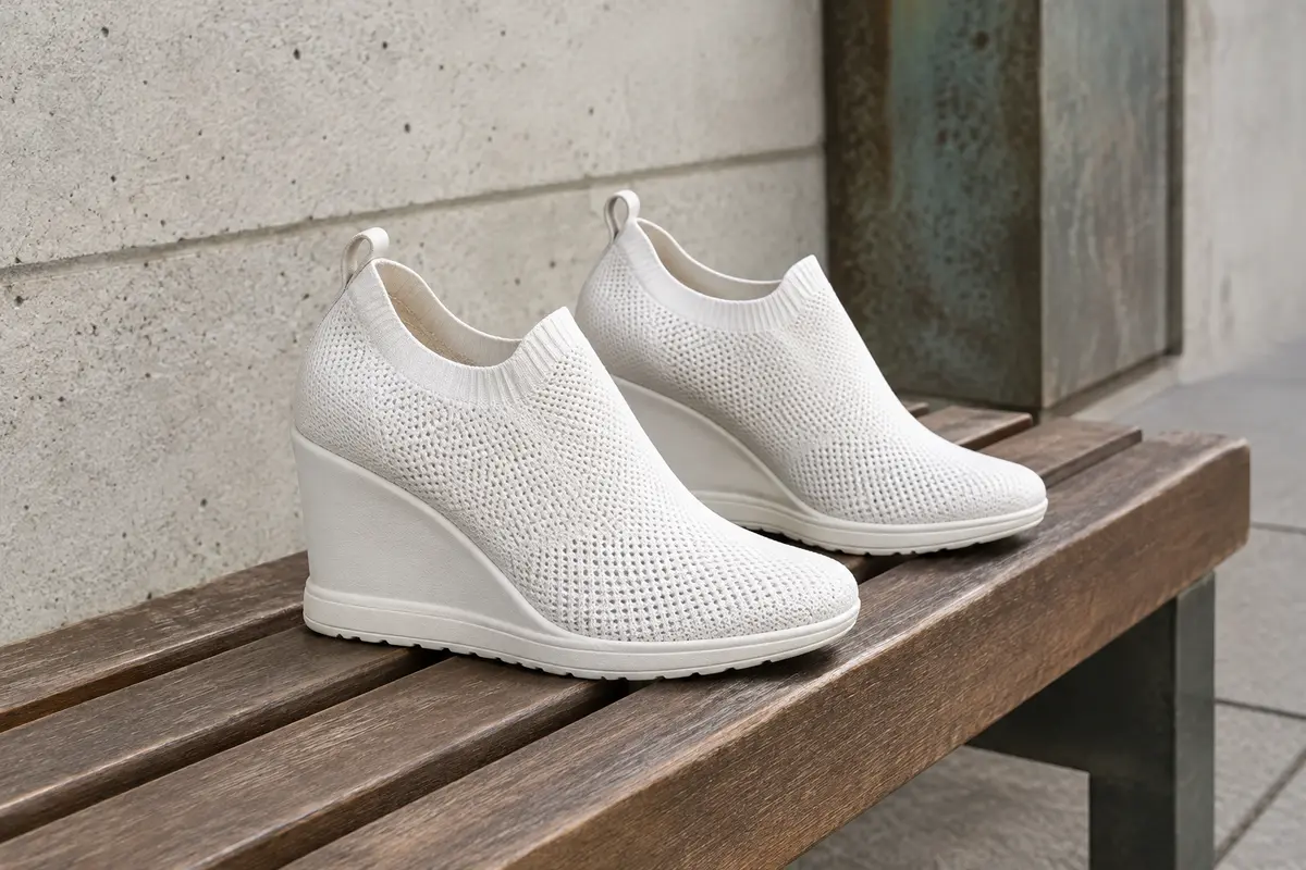 Paire de baskets compensées blanches en maille avec talon caché, posée sur un banc en bois en décor urbain.