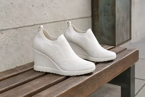 Paire de baskets compensées blanches en maille avec talon caché, posée sur un banc en bois en décor urbain.