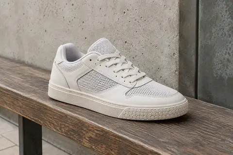Basket basse de skate en cuir blanc et maille, posée sur un banc en bois près d’un mur en béton.