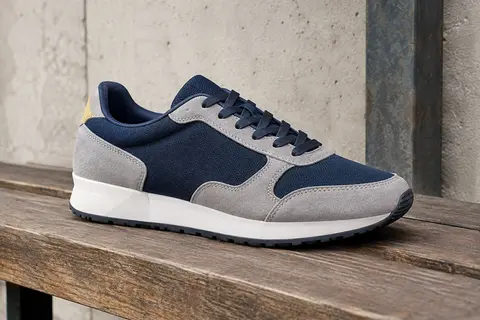 Basket basse Le Coq Sportif bleu foncé et gris clair, avec tige textile, empiècements en suède et semelle contrastée.