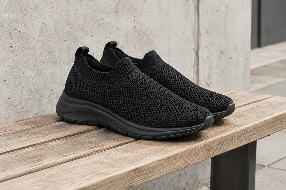 Baskets slip-on noires en mesh sur un banc en bois, avec poignet élastique et semelle en caoutchouc