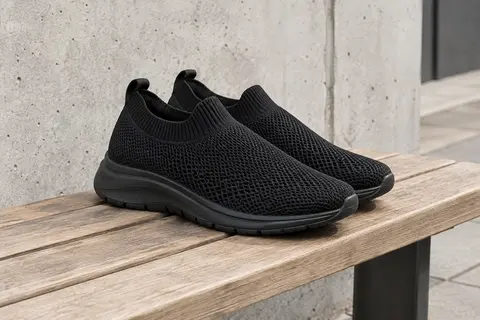 Baskets slip-on noires en mesh sur un banc en bois, avec poignet élastique et semelle en caoutchouc