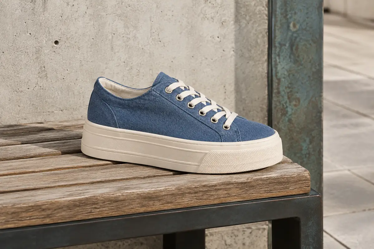 Baskets à plateforme en toile bleu denim posées sur un banc en bois dans un décor urbain sobre.