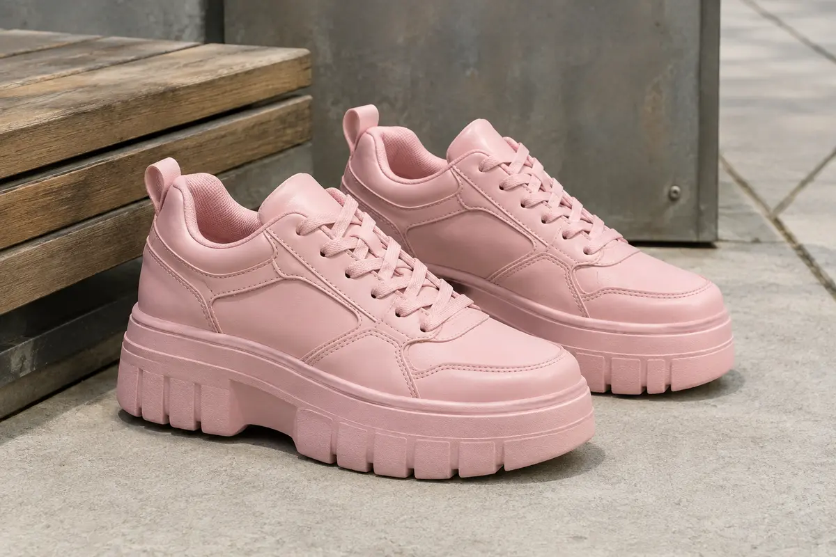 Baskets de ville Lucky Step roses à lacets, avec une plateforme épaisse d’environ 8 cm, posées sur du béton clair.