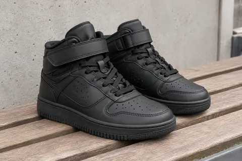 Paire de baskets montantes noires à lacets et brides à scratch, avec semelle en caoutchouc texturé
