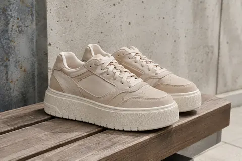 Baskets Lucky Step à plateforme, tige effet daim et semelle épaisse texturée, présentées sur un banc en bois.