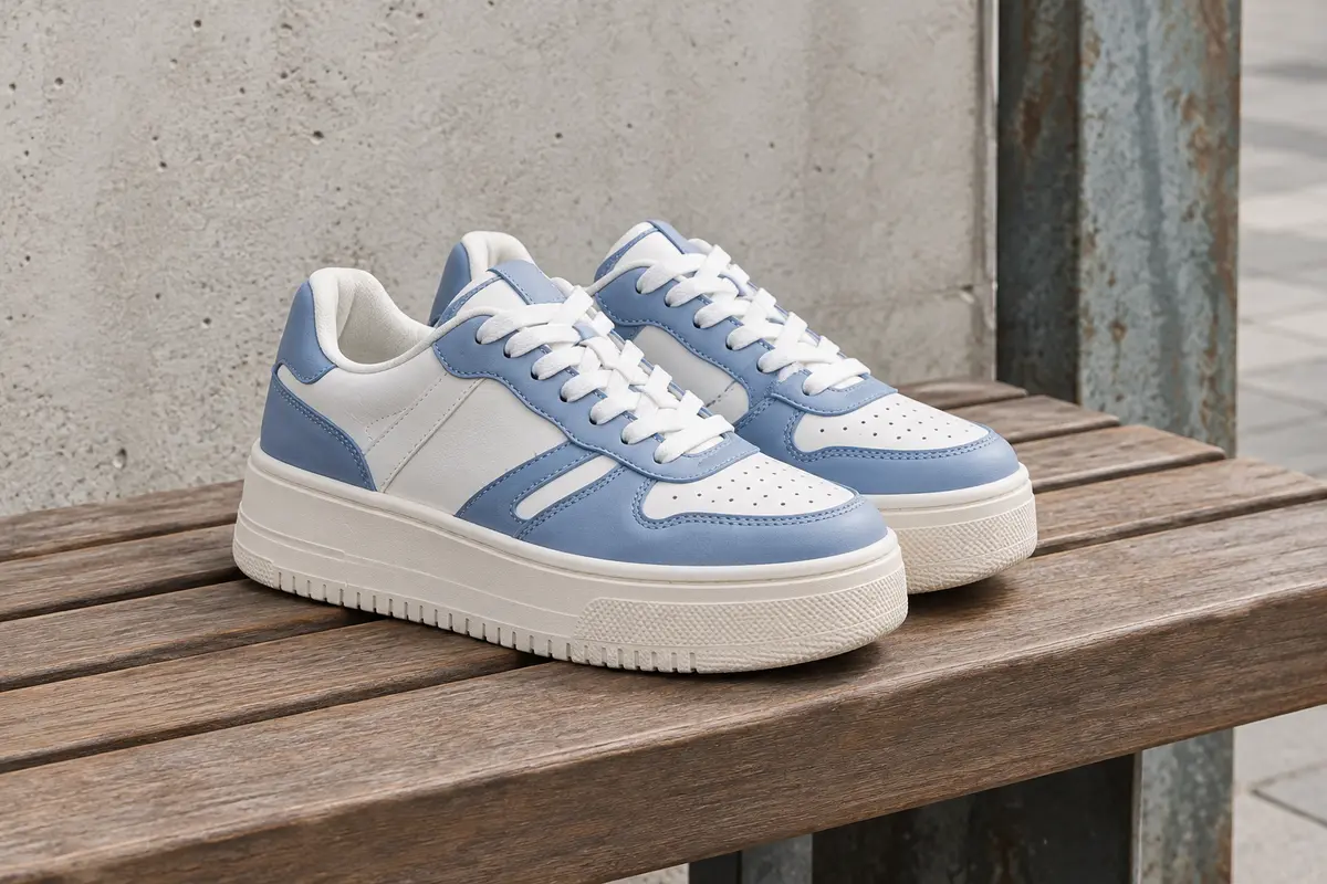 Baskets rétro Lucky Step bleu et blanc à lacets, avec tige synthétique et semelle plateforme en gomme texturée.
