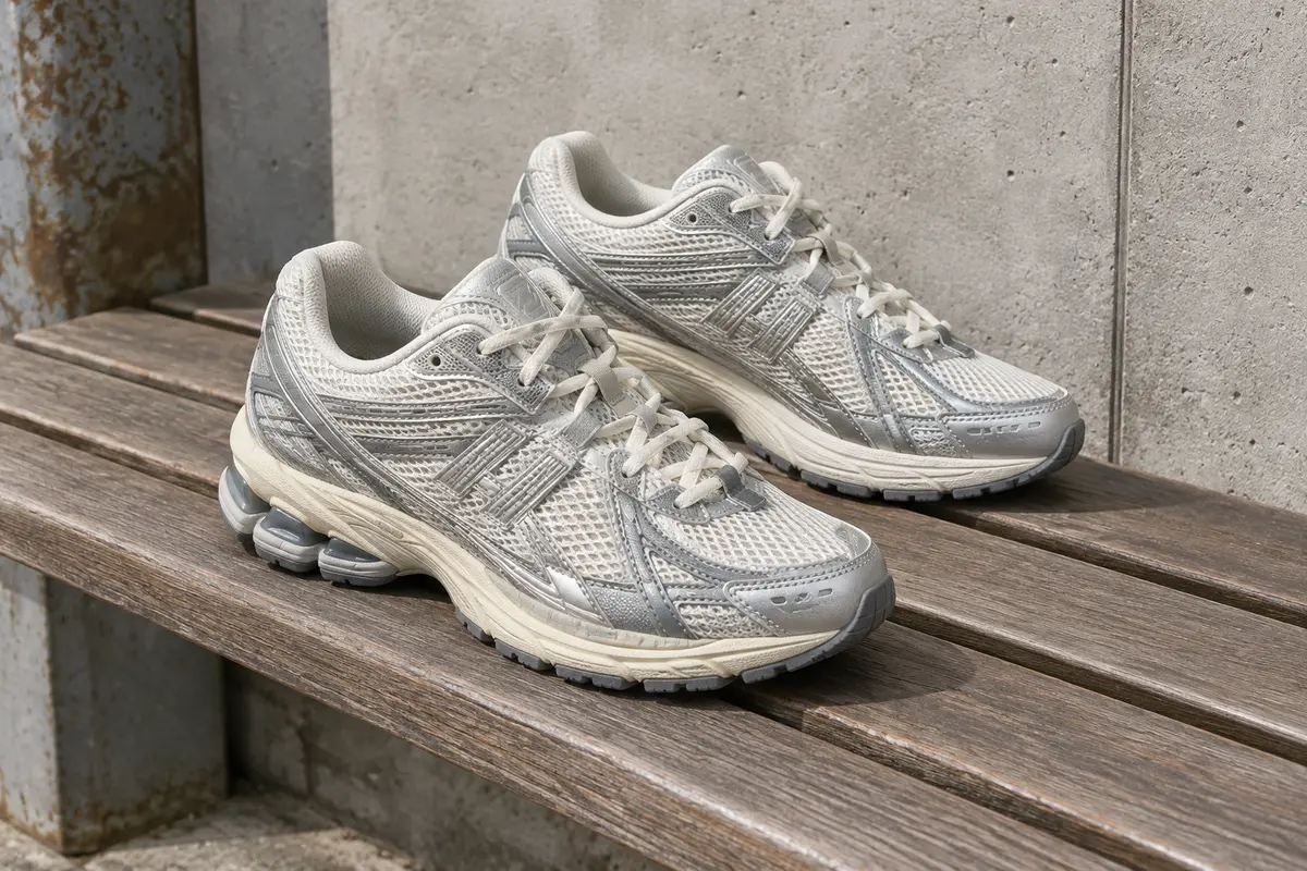 Paire de baskets New Balance 1906R métallisé et écru posée sur un banc, semelles épaisses visibles