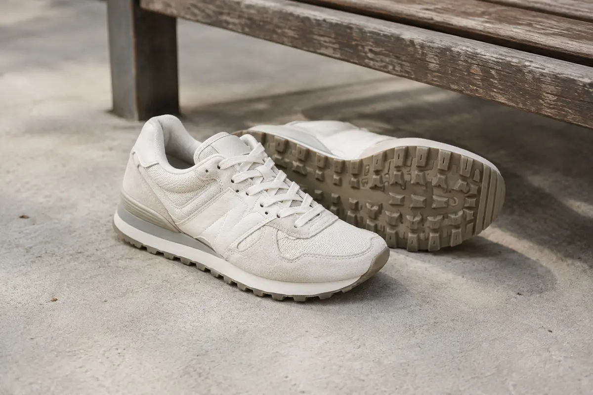 Baskets rétro-running New Balance 515 Sea Salt posées près d’un banc en bois dans un décor urbain