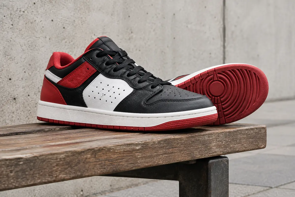 Sneaker basse noire à accents rouges et blancs, avec perforations et semelle en caoutchouc, posée sur un banc.