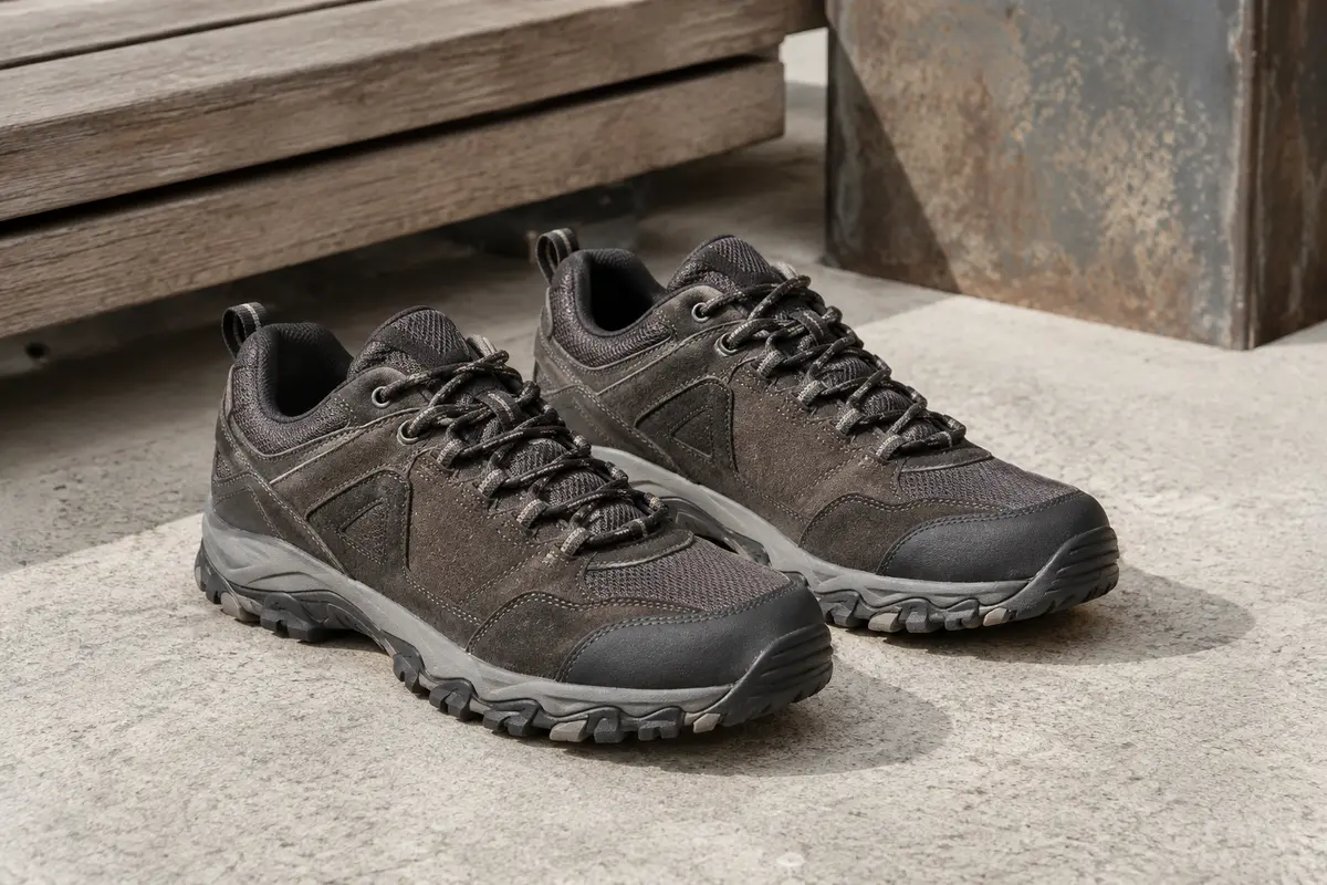 Chaussures de randonnée basses en suède foncé avec embout en caoutchouc et semelle crantée.