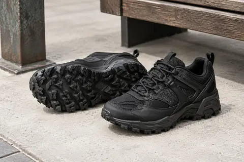 Chaussures de randonnée basses tout noir avec tige mixte et semelles crantées, posées sur du béton clair.