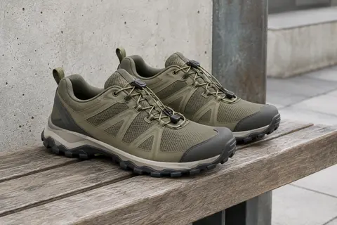 Chaussures de randonnée basses kaki Nortiv 8 posées sur un banc en bois, semelles texturées visibles.