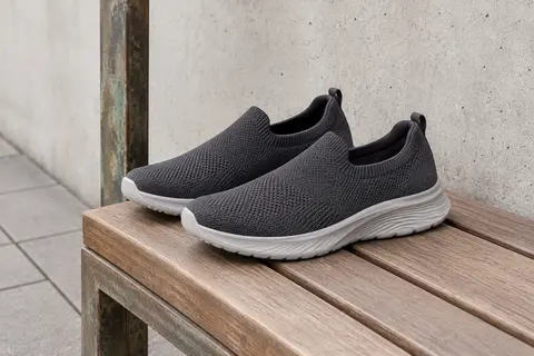 Baskets slip-on Odckoi en maille gris foncé posées sur un banc en bois en décor urbain