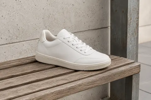 Basket basse blanche Only Onlshilo à lacets, posée seule sur un banc en bois dans un décor urbain sobre.