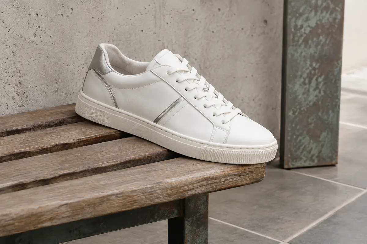Sneaker basse Puma Carina L en cuir blanc et détails argentés, posée sur un banc en bois.