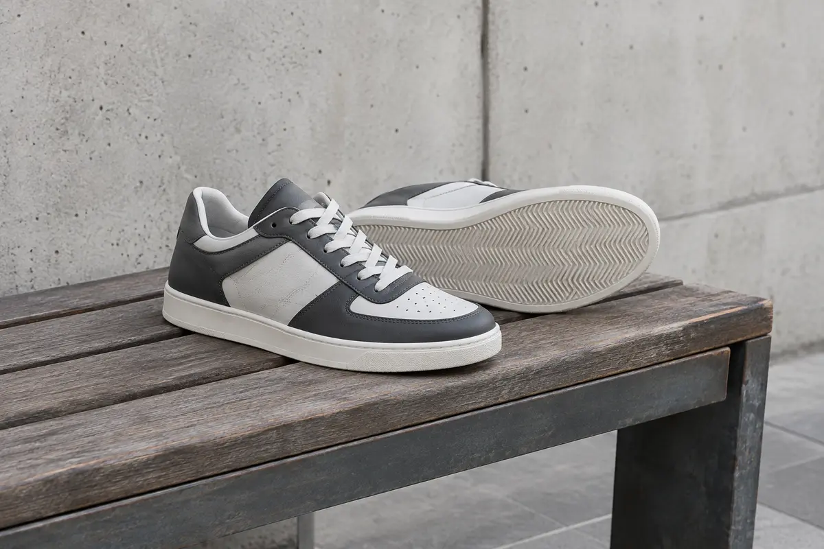 Paire de baskets basses gris foncé et blanches posées sur un banc en bois devant un mur de béton clair