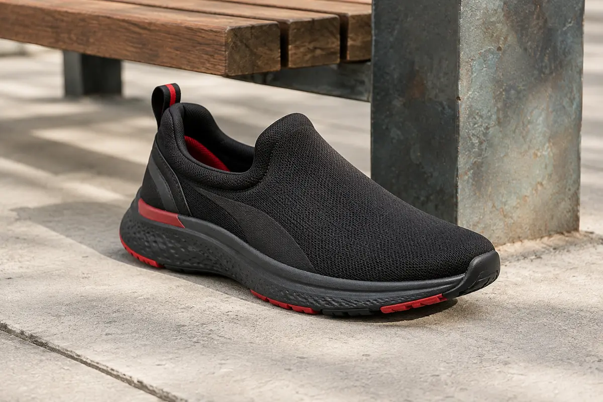 Basket basse slip-on noire et rouge Puma Softride Cosmic Sliptech posée sur un sol en béton clair