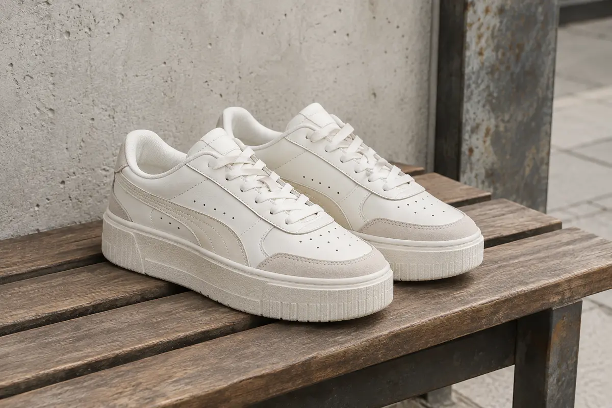 Baskets Carina Street blanches à plateforme texturée, posées seules sur un banc en bois dans un décor urbain