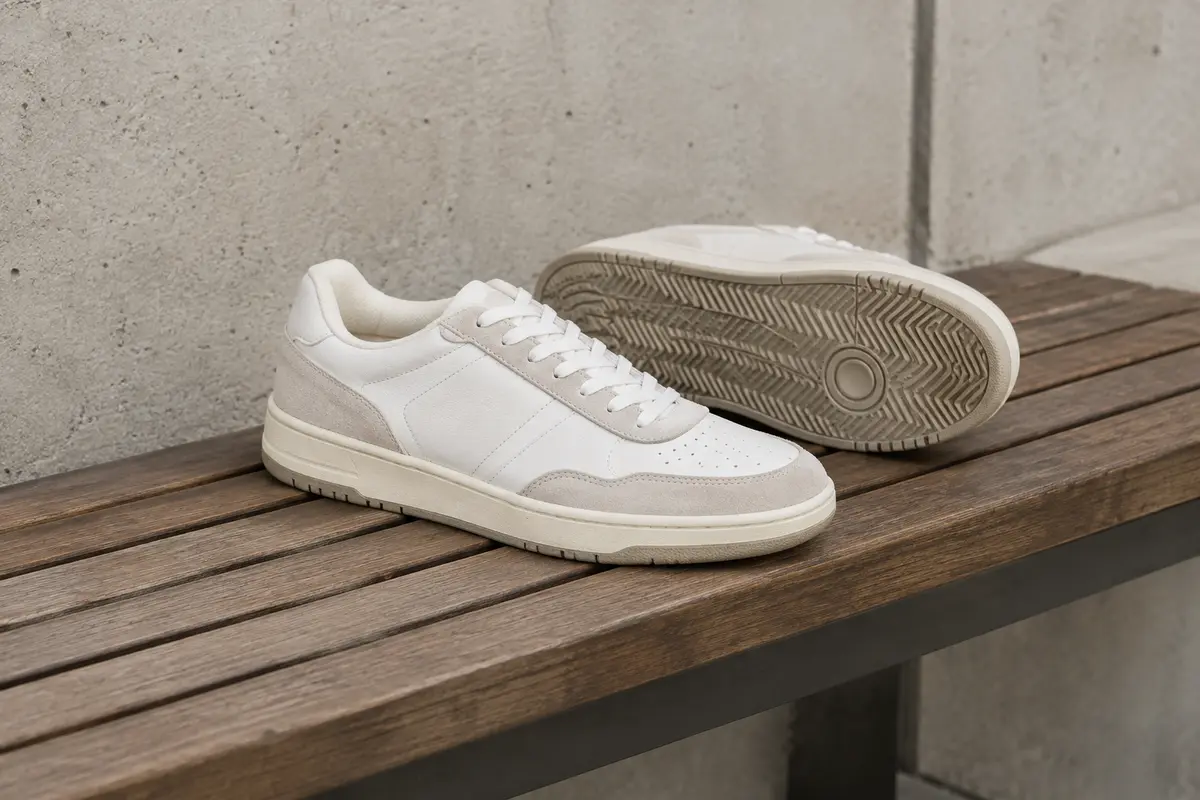 Paire de baskets basses blanches à lacets avec empiècements en suède et semelle en caoutchouc