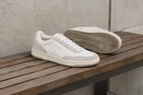 Paire de baskets basses blanches à lacets avec empiècements en suède et semelle en caoutchouc
