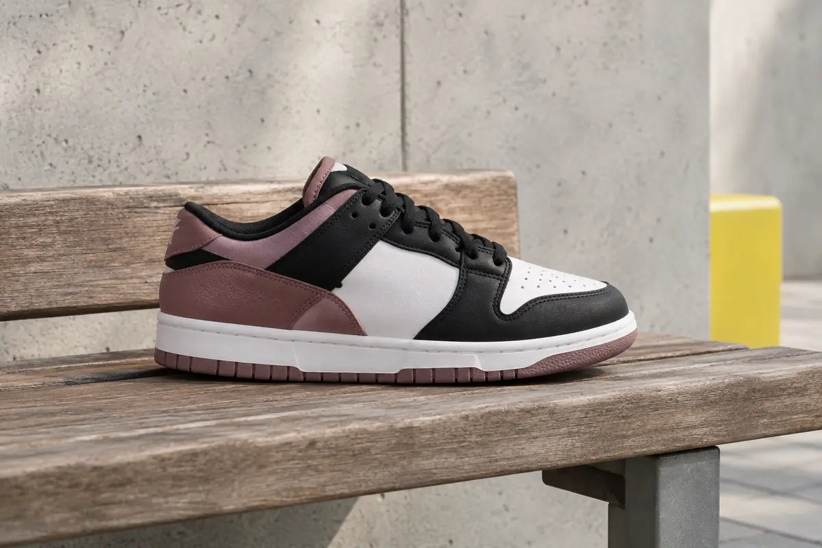 Sneaker basse Puma Rebound Low noire, rosewood et blanche posée sur un banc en bois devant un mur de béton clair