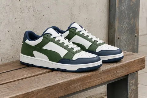 Paire de Puma Rebound Retro basses en blanc, vert et bleu posée sur un banc en bois près d’un mur de béton