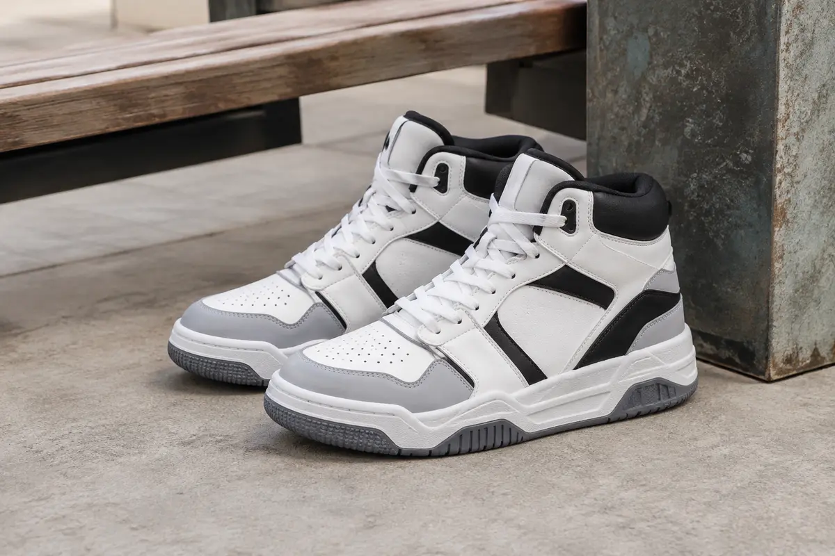 Baskets Puma Rebound V6 mi-hautes blanches, noires et grises, posées sur du béton près d’un banc en bois.