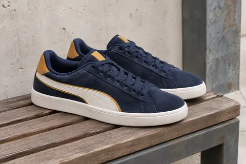 Baskets Puma Smash 3.0 en suède bleu marine, avec détails dorés et blancs, posées sur un banc en bois.