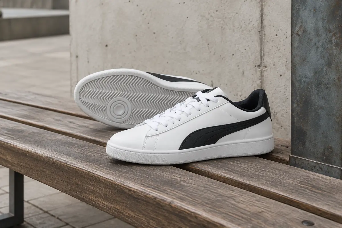 Baskets de tennis lifestyle blanches à détails noirs posées sur un banc en bois dans un décor urbain.