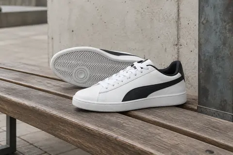 Baskets de tennis lifestyle blanches à détails noirs posées sur un banc en bois dans un décor urbain.