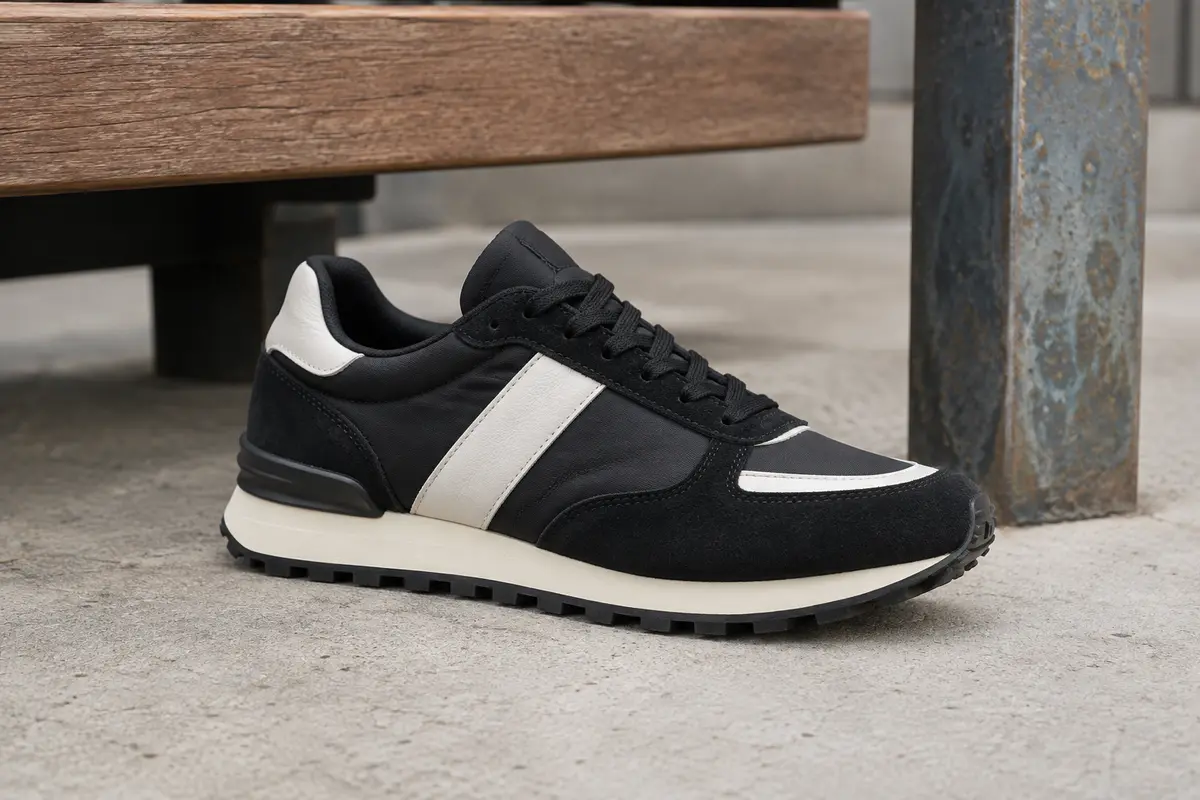 Sneaker basse rétro-running noire et blanche avec tige en nylon, empiècements en daim synthétique et semelle en caoutchouc.