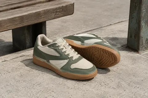 Baskets Reebok Finale basses en tons verts, clairs et gomme, posées sur du béton près d’un banc en bois.