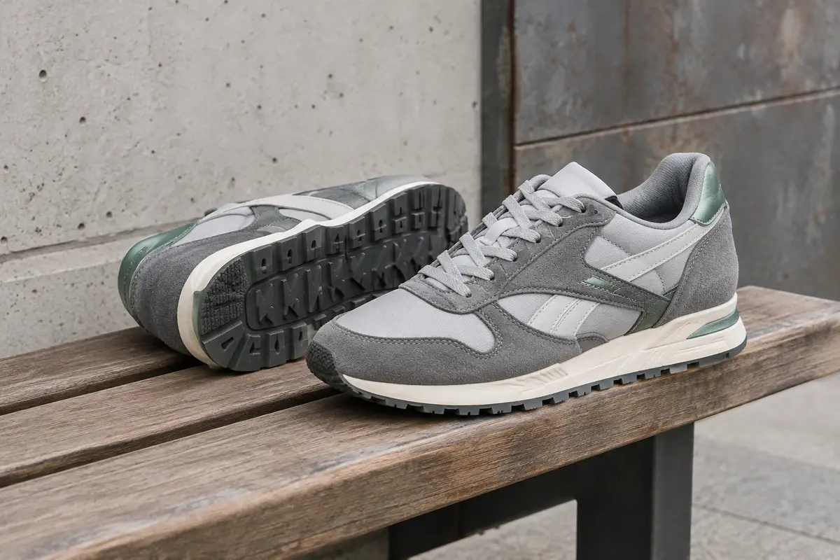 Baskets rétro-running Reebok en nylon et daim gris, avec des accents vert métal et une semelle en caoutchouc.