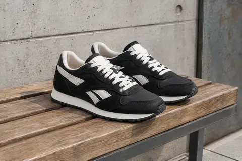 Baskets Reebok Prime Event noir et blanc en daim synthétique et nylon, posées sur un banc urbain.